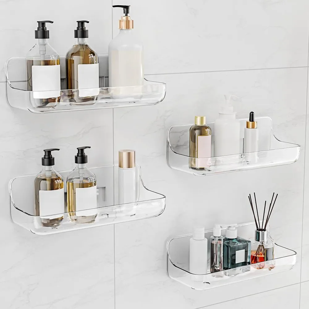Adhesive Shower Caddy 4 Pack Acrylic Bathroom Shelves No Drill Wall Mount